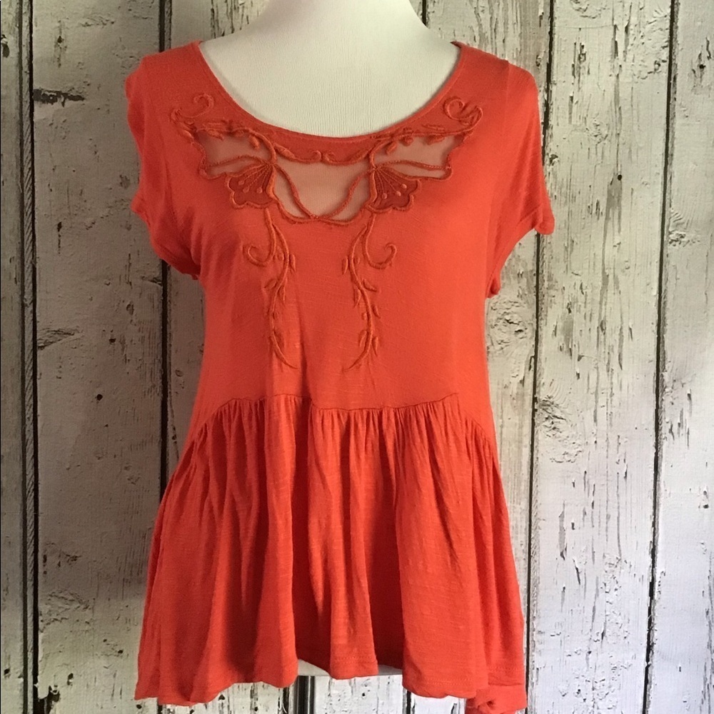 Free People Coral Embroidered Mesh Peplum Top Short Sleeve Women's Size Small - Picture 2 of 7